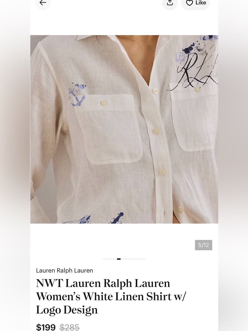 Lauren Ralph Lauren White Linen Shirt with Blue Script and Paint Accents - Picture 4 of 7